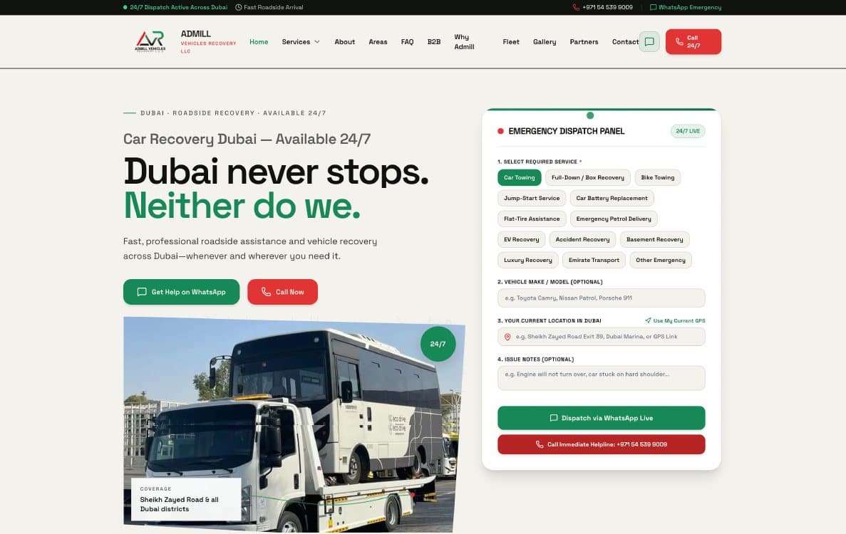 The Admill Vehicles Recovery homepage we built: a 24/7 emergency dispatch panel where the driver picks the service, types their Dubai location and sends it straight to WhatsApp.