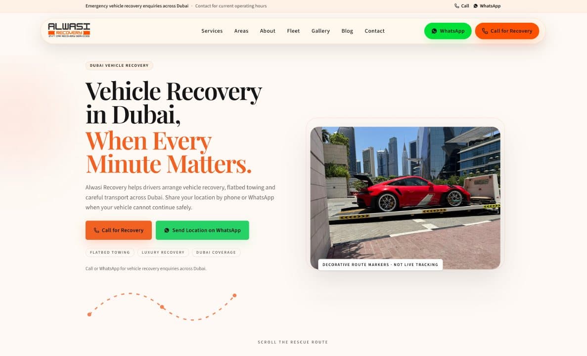 The Al Wasi Vehicles Recovery homepage we built: Call for Recovery and Send Location on WhatsApp as the two first actions, with flatbed and luxury recovery named up front.