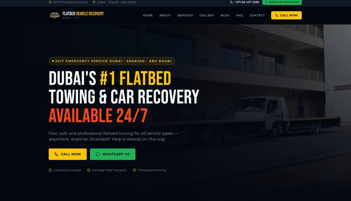 The Flat Bed Car Towing homepage we built: Dubai, Sharjah and Abu Dhabi coverage stated in the header, with Call Now and WhatsApp buttons above the fold.